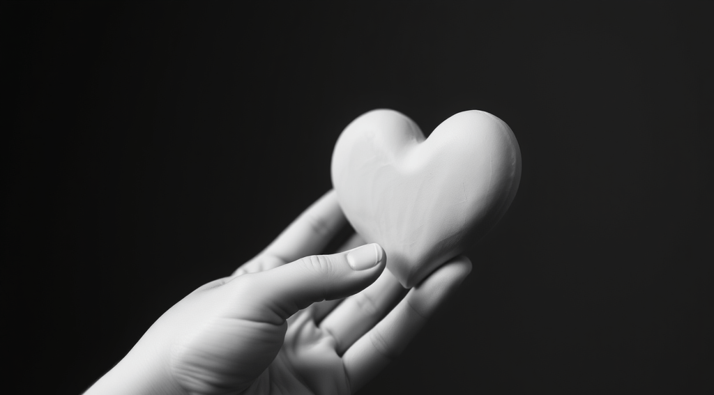 Image noir et blanc d'un cœur tenu par une main sur fond noir